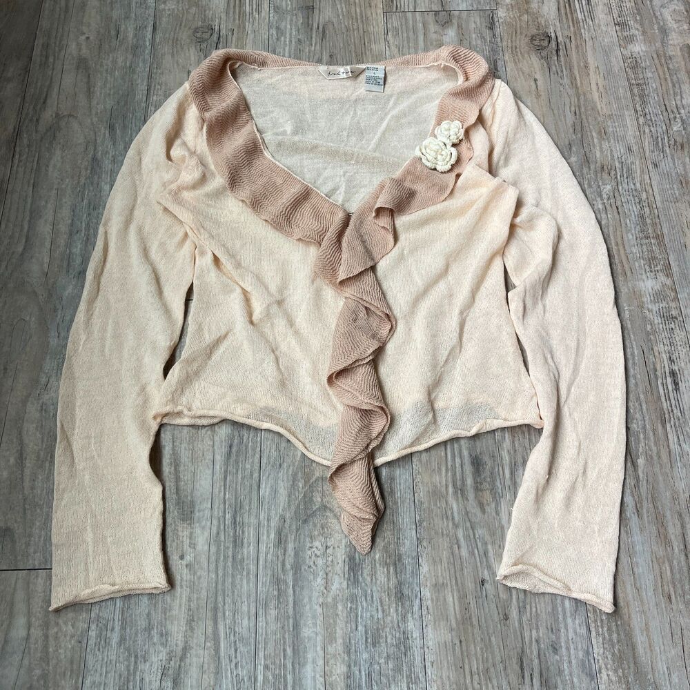 Vintage Ruffle Top Blouse Pastel Pink Nude Ramie Natural Fiber Large Y2K Boho